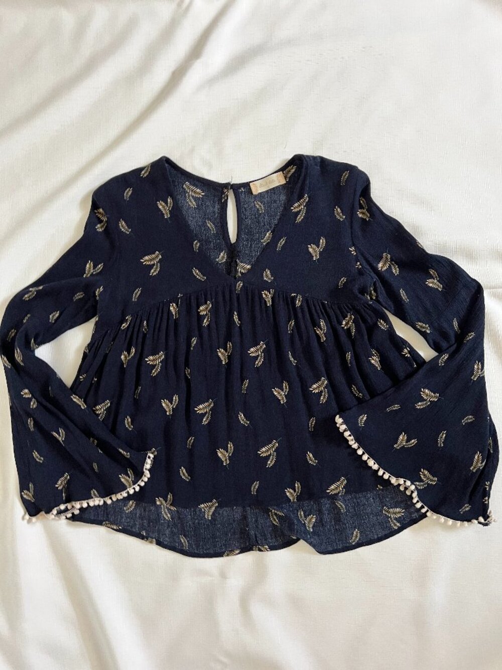 Altar'd State Boho Botanical Leaf Feather Print Bell Sleeve Pom Pom Blouse Small